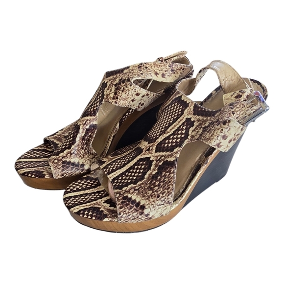 Michael Kors Wedge Heels 9.5M Brown Snake Print Leather Slingback Comfy - Picture 1 of 14